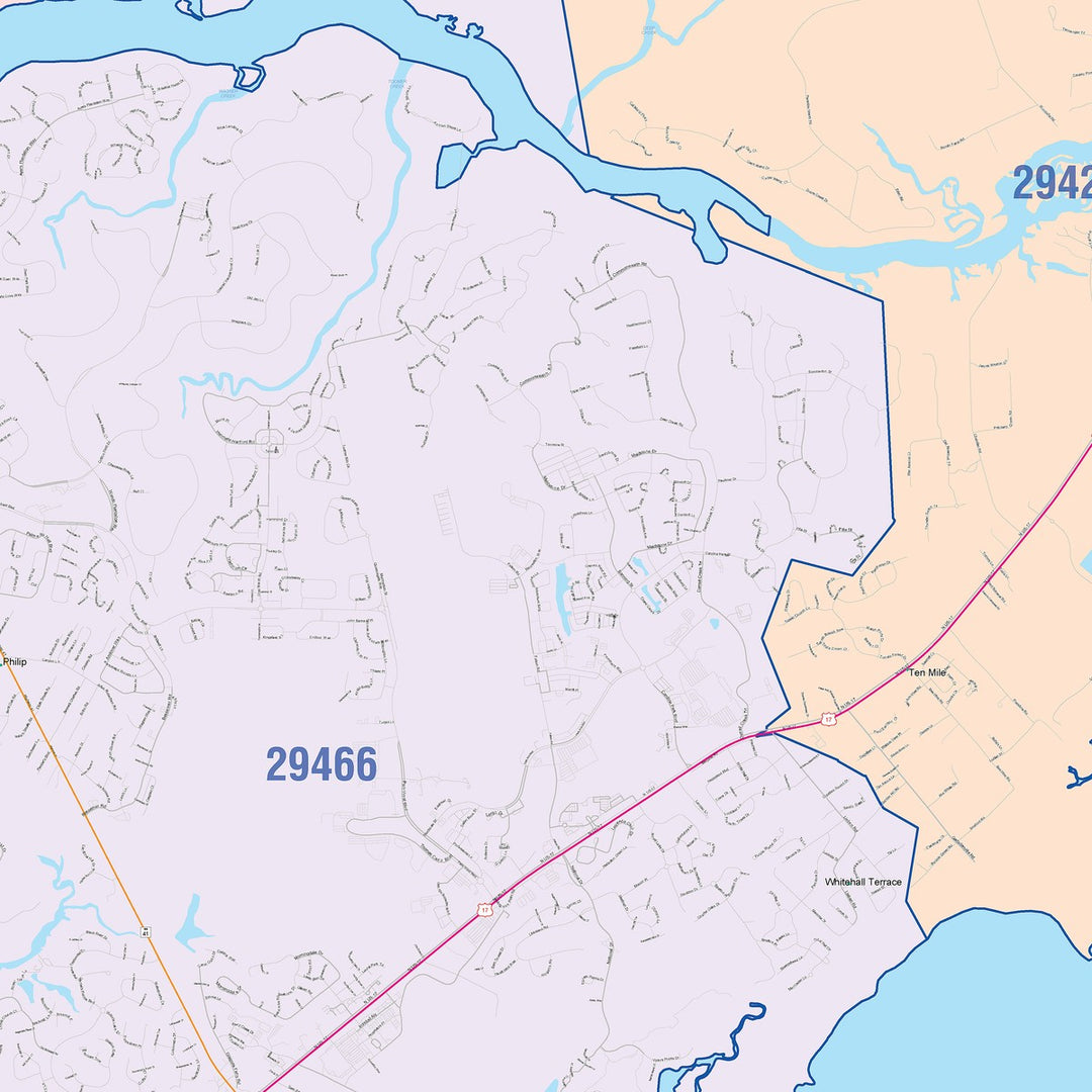 Color Cast Zip Code Style Wall Map of Mount Pleasant, SC
