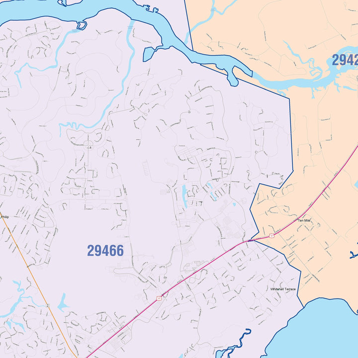 Color Cast Zip Code Style Wall Map of Mount Pleasant, SC