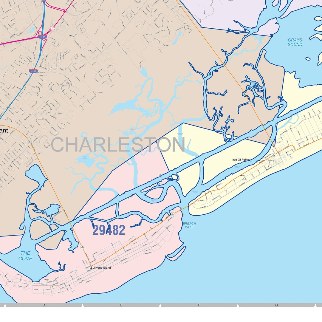 Color Cast Zip Code Style Wall Map of Mount Pleasant, SC