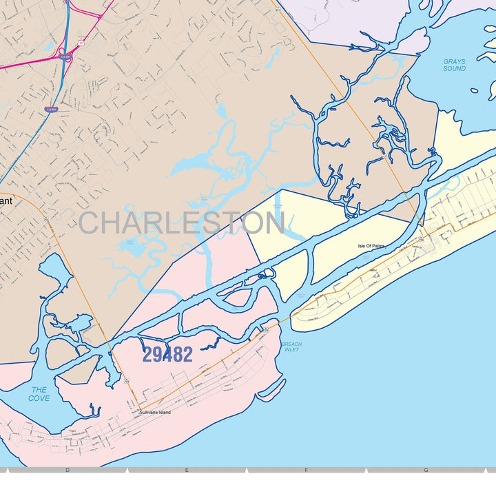 Color Cast Zip Code Style Wall Map of Mount Pleasant, SC