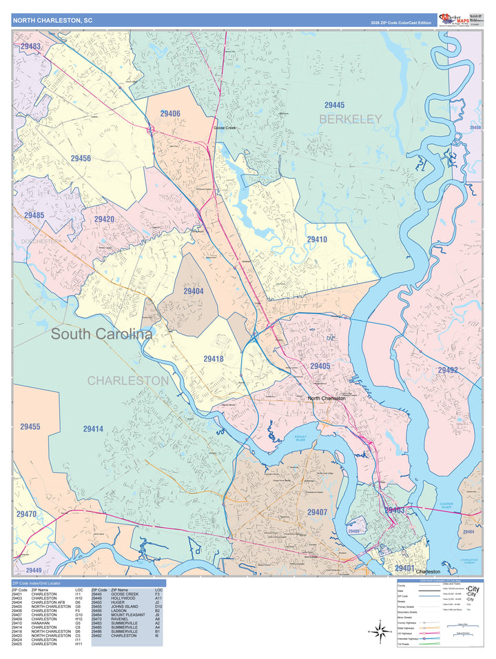 Color Cast Zip Code Style Wall Map of North Charleston, SC