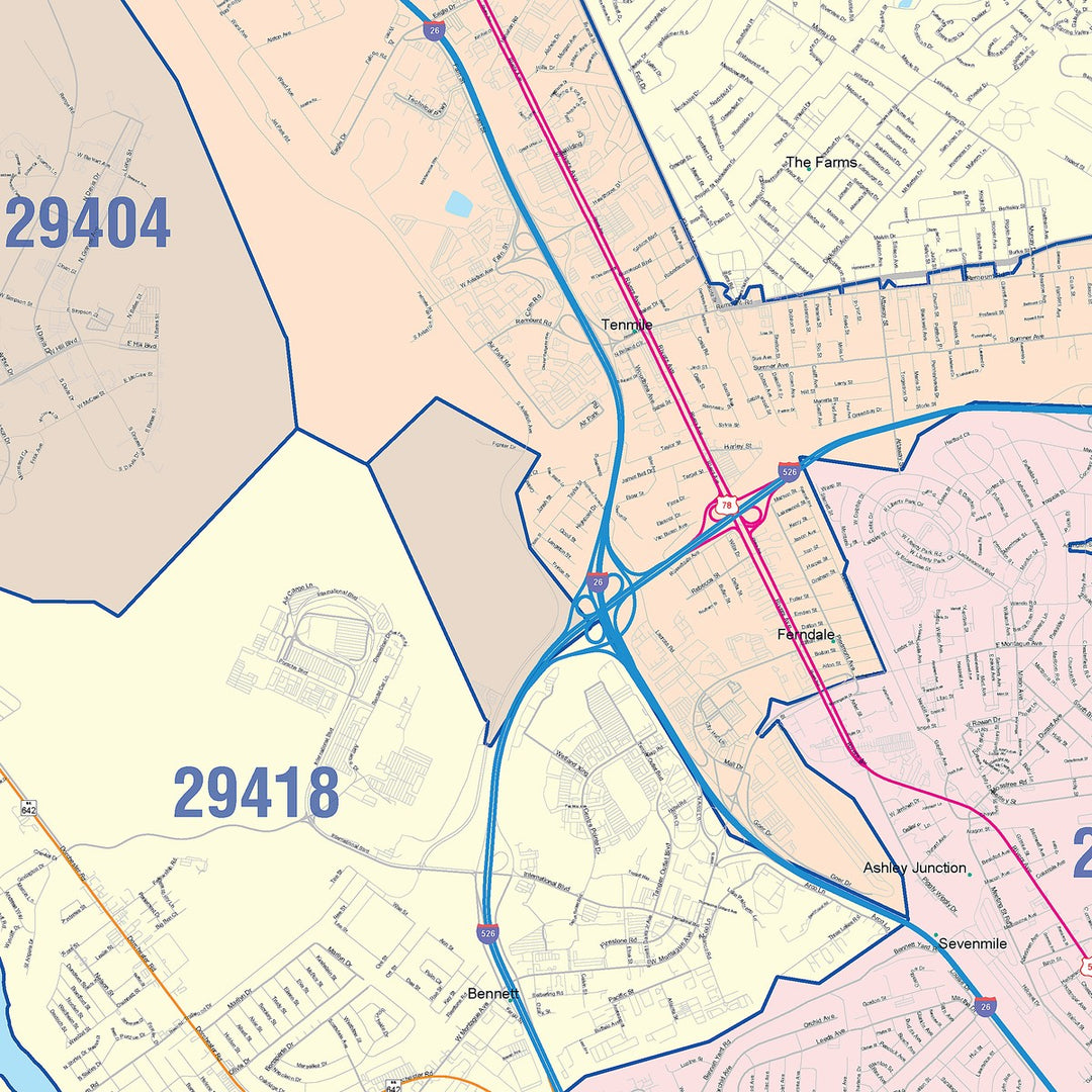 Color Cast Zip Code Style Wall Map of North Charleston, SC