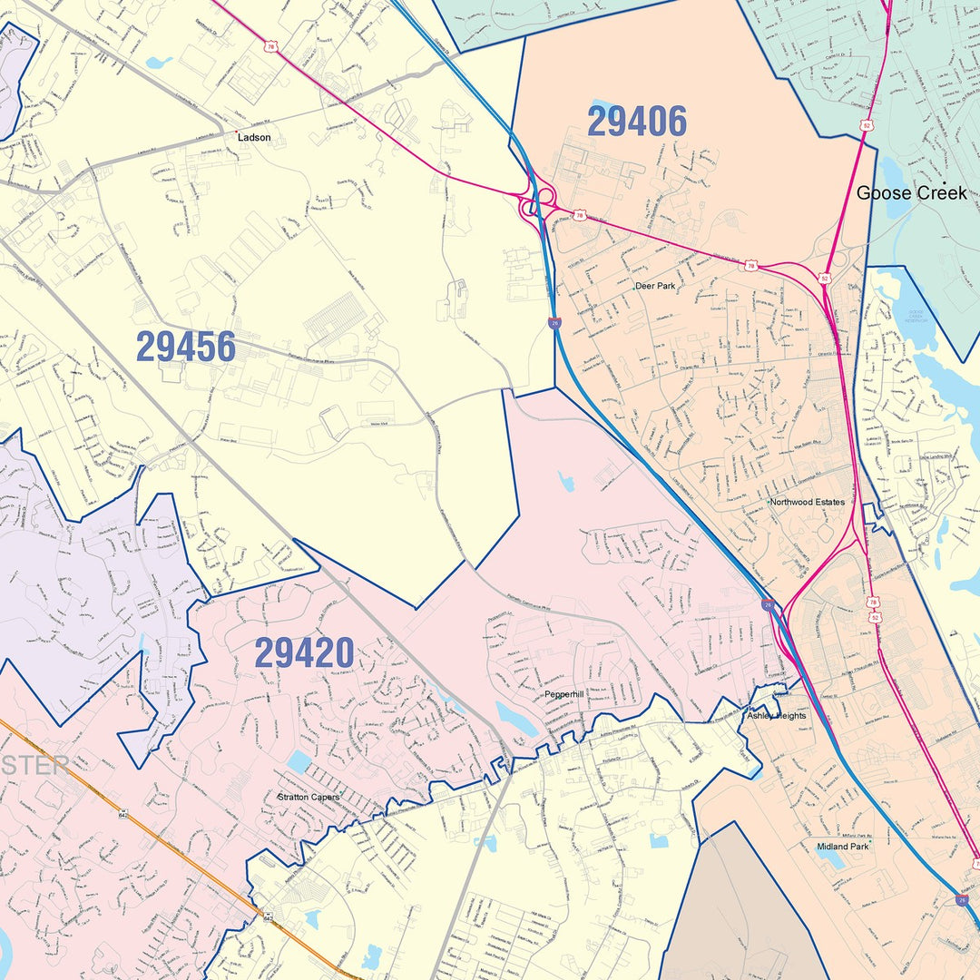 Color Cast Zip Code Style Wall Map of North Charleston, SC