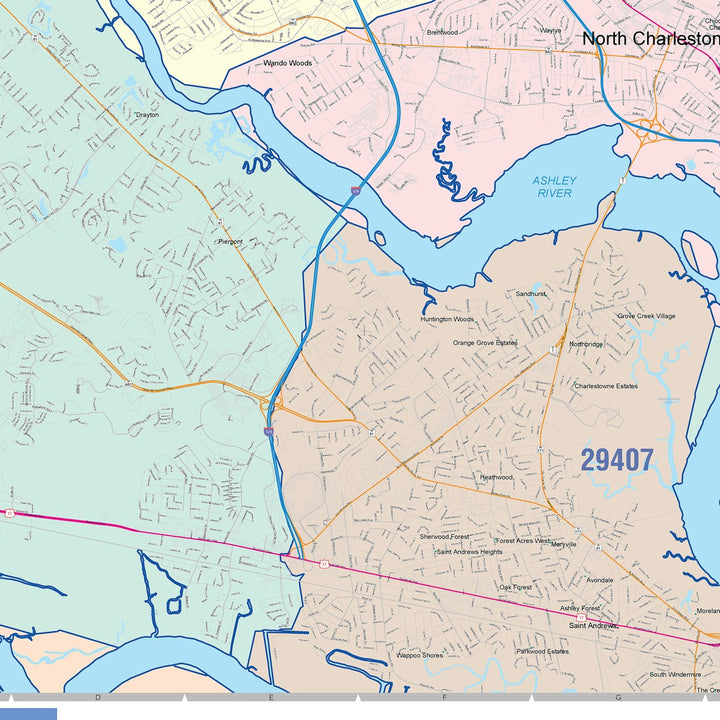 Color Cast Zip Code Style Wall Map of North Charleston, SC