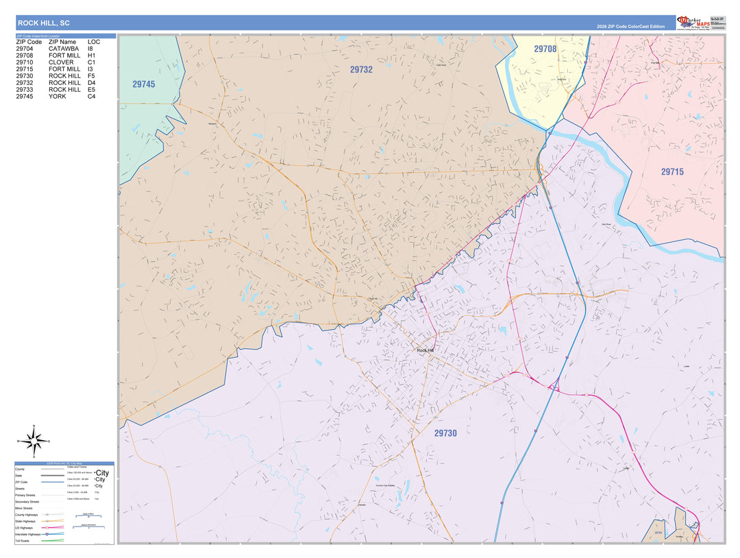 Color Cast Zip Code Style Wall Map of Rock Hill, SC
