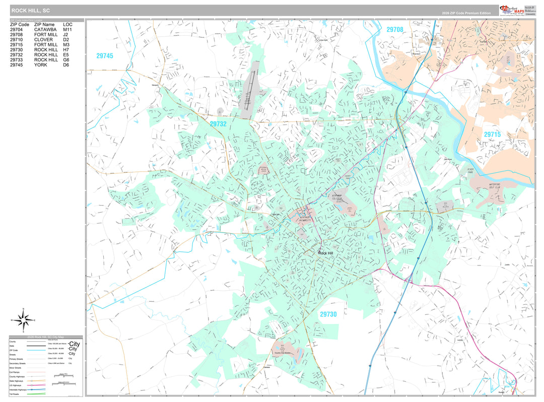 Premium Style Wall Map of Rock Hill, SC