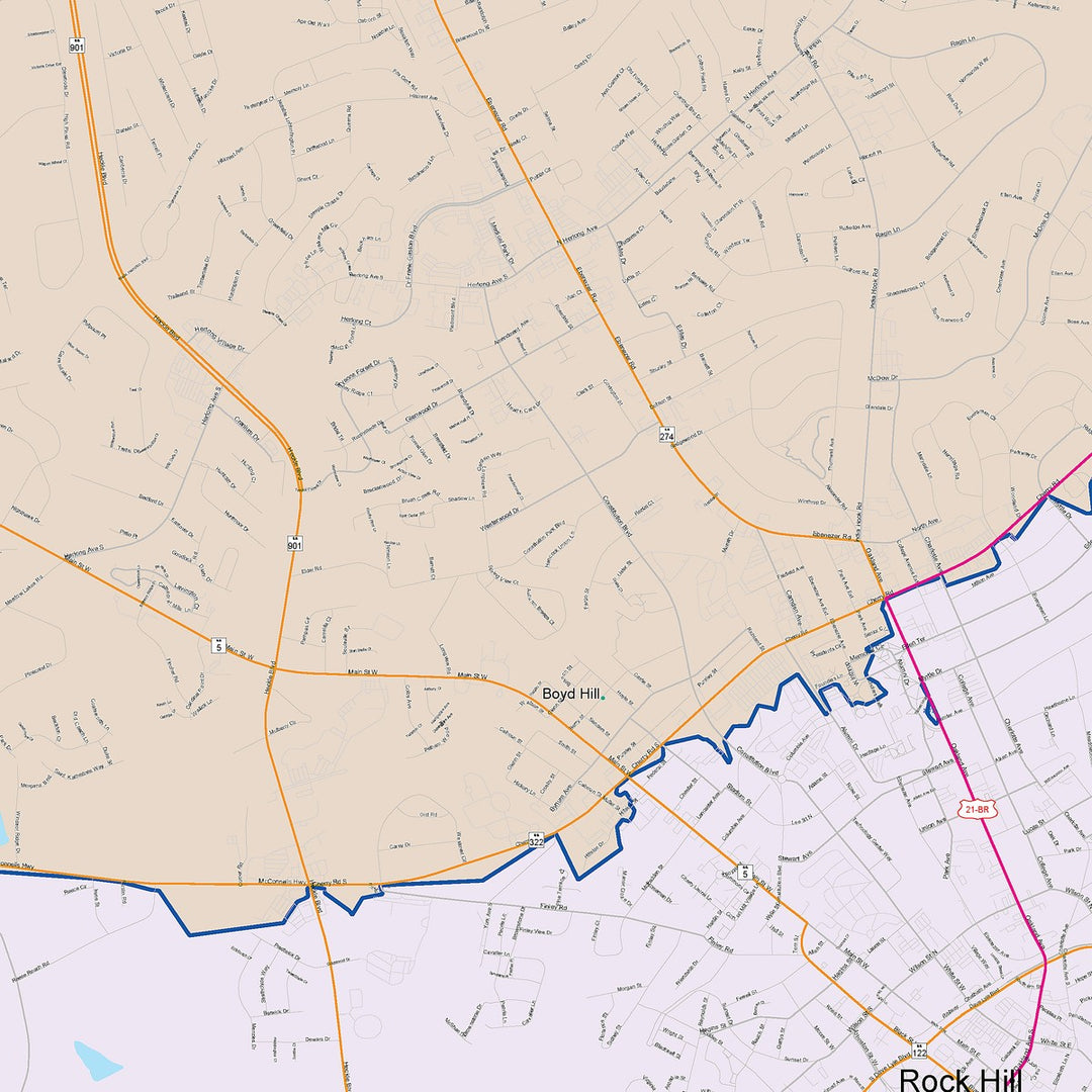 Color Cast Zip Code Style Wall Map of Rock Hill, SC