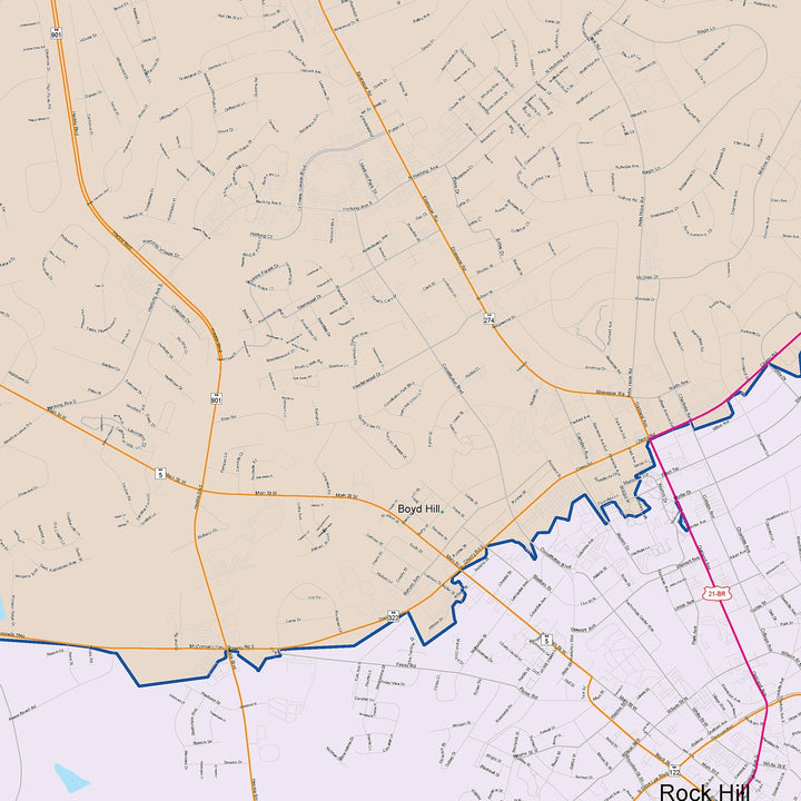 Color Cast Zip Code Style Wall Map of Rock Hill, SC