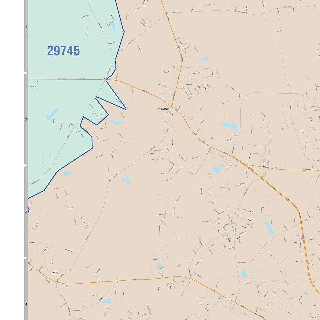 Color Cast Zip Code Style Wall Map of Rock Hill, SC