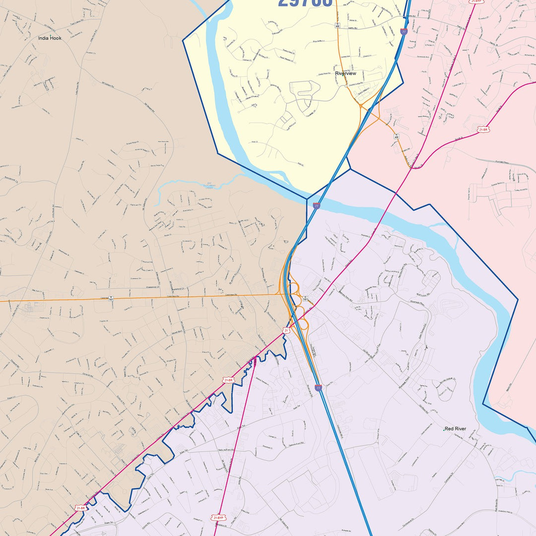 Color Cast Zip Code Style Wall Map of Rock Hill, SC