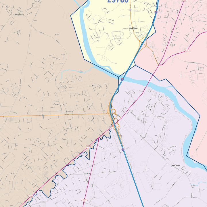 Color Cast Zip Code Style Wall Map of Rock Hill, SC