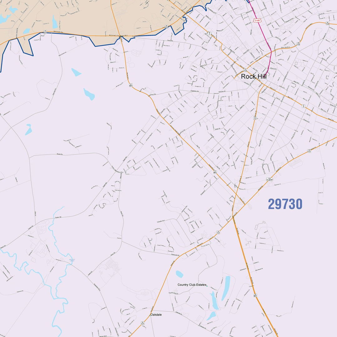 Color Cast Zip Code Style Wall Map of Rock Hill, SC