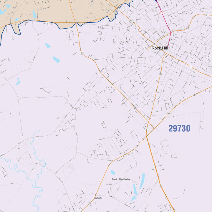 Color Cast Zip Code Style Wall Map of Rock Hill, SC