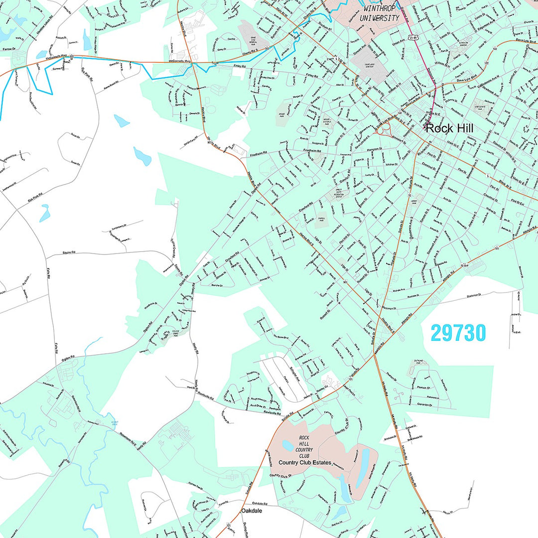 Premium Style Wall Map of Rock Hill, SC