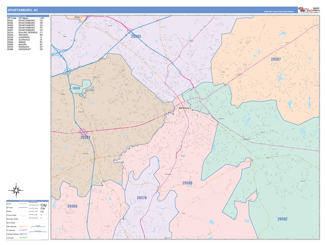 Color Cast Zip Code Style Wall Map of Spartanburg, SC