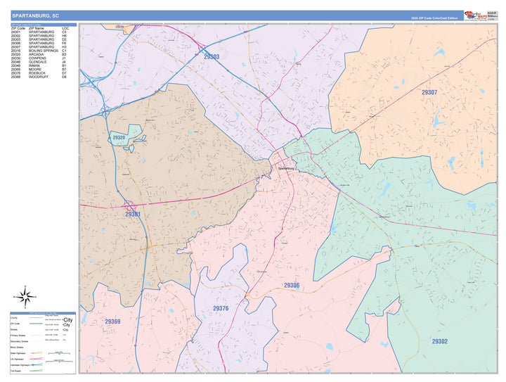 Color Cast Zip Code Style Wall Map of Spartanburg, SC