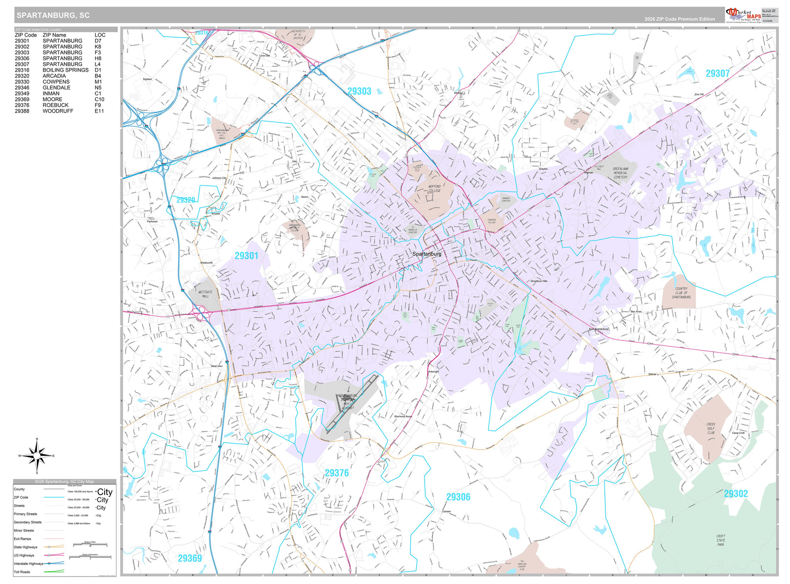 Premium Style Wall Map of Spartanburg, SC