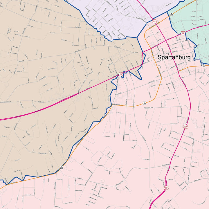 Color Cast Zip Code Style Wall Map of Spartanburg, SC
