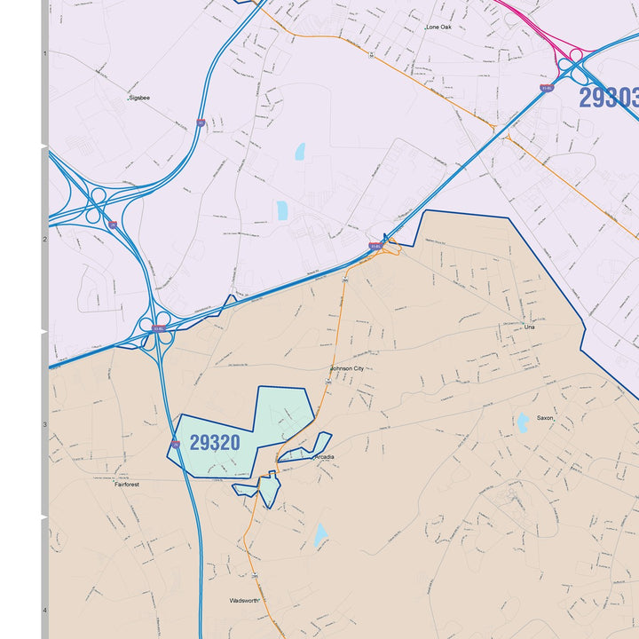 Color Cast Zip Code Style Wall Map of Spartanburg, SC