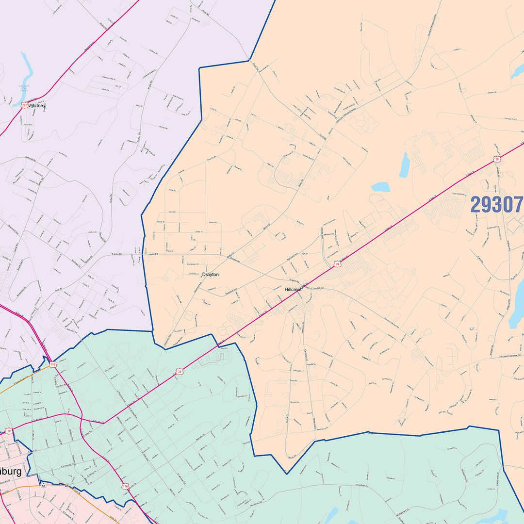 Color Cast Zip Code Style Wall Map of Spartanburg, SC