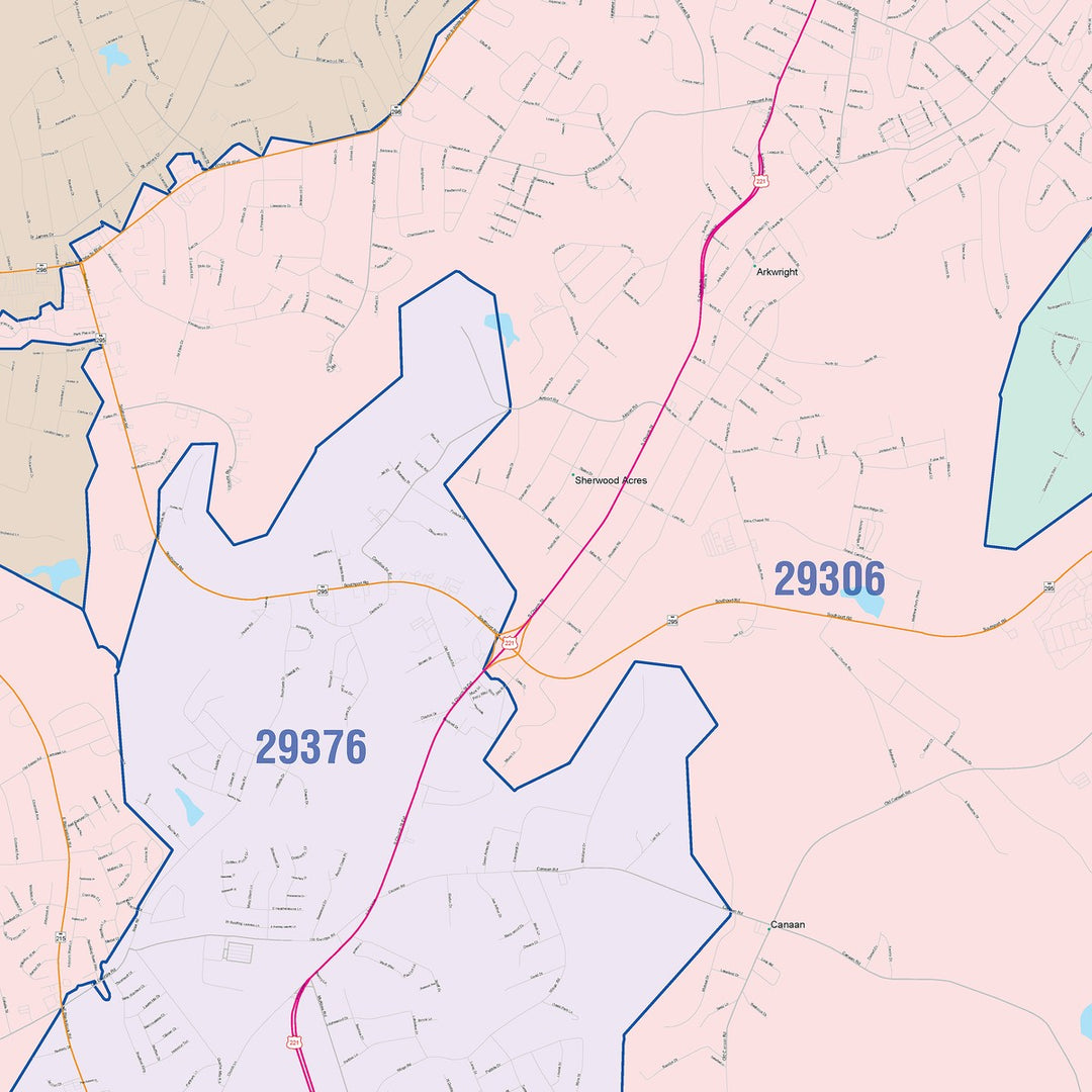 Color Cast Zip Code Style Wall Map of Spartanburg, SC