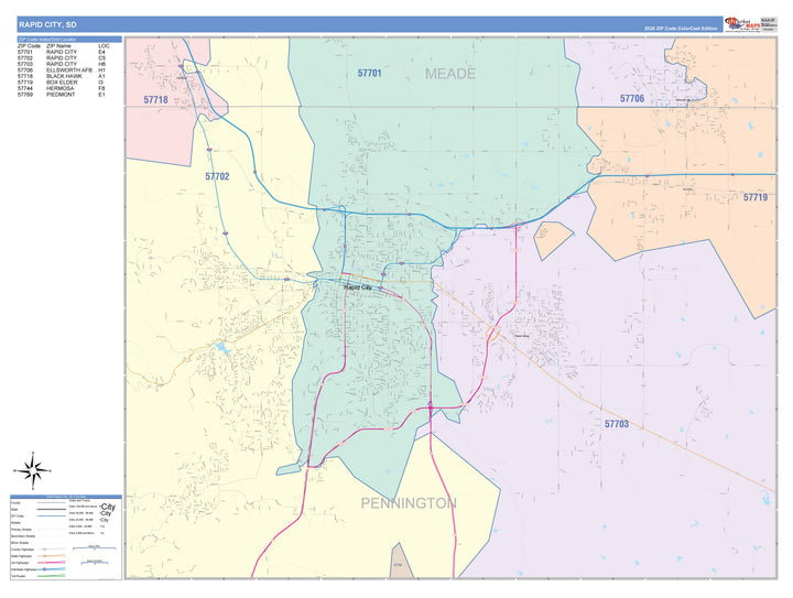 Color Cast Zip Code Style Wall Map of Rapid City, SD