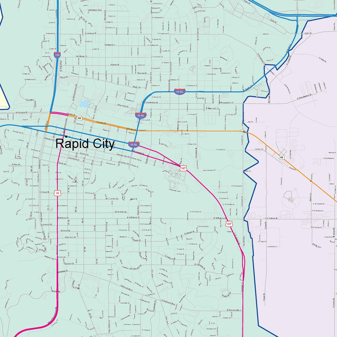 Color Cast Zip Code Style Wall Map of Rapid City, SD