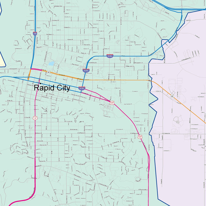 Color Cast Zip Code Style Wall Map of Rapid City, SD