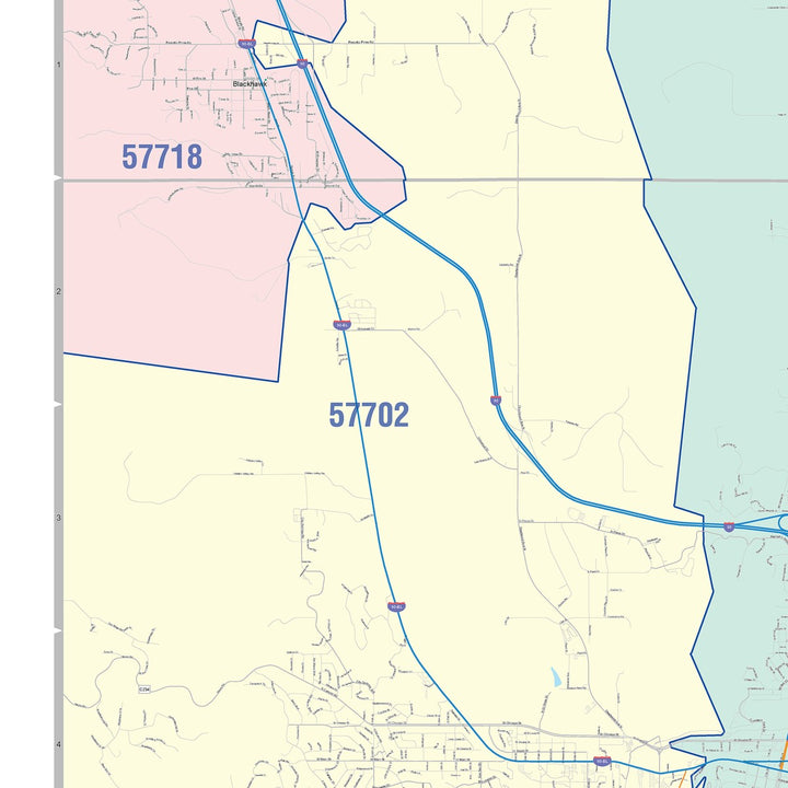 Color Cast Zip Code Style Wall Map of Rapid City, SD