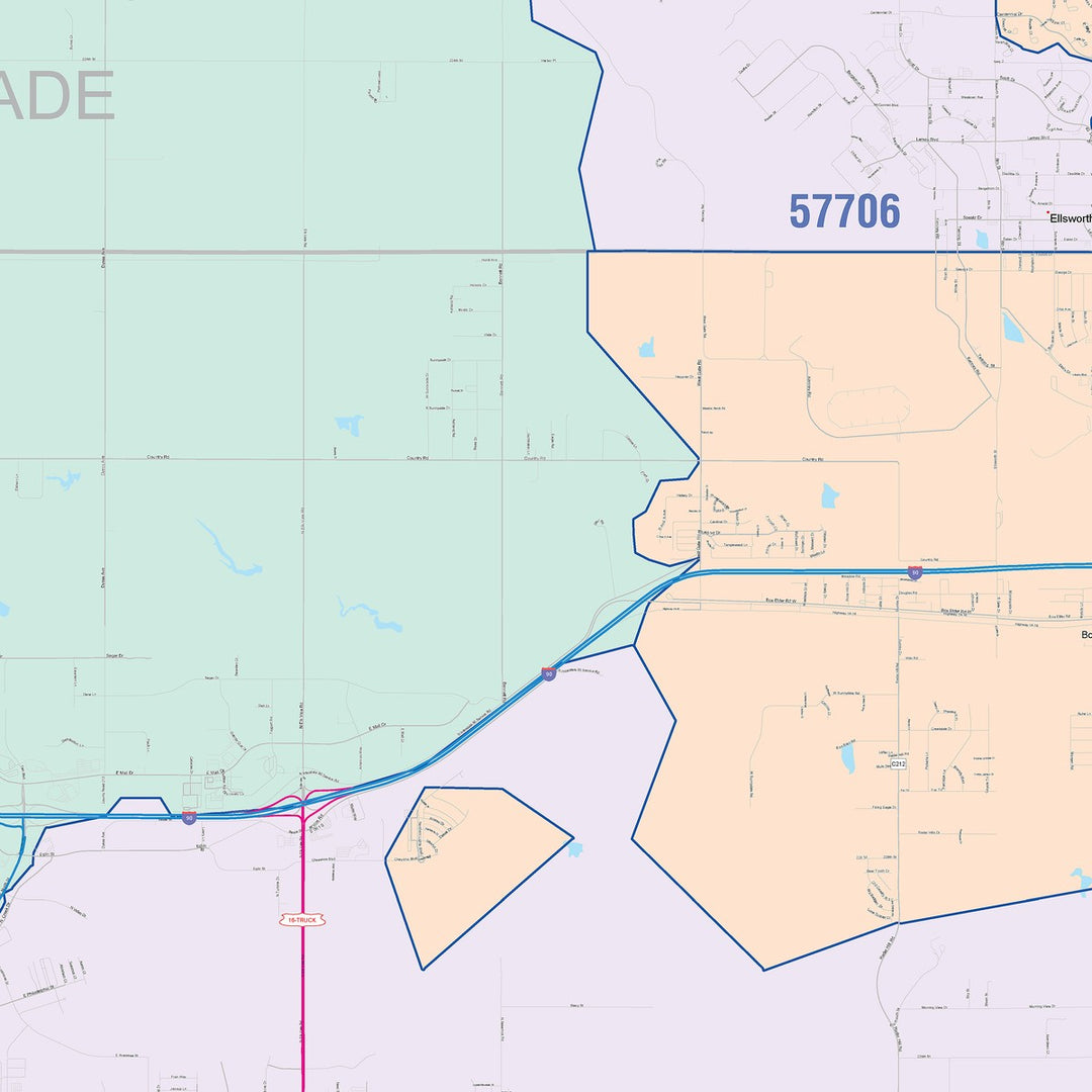 Color Cast Zip Code Style Wall Map of Rapid City, SD