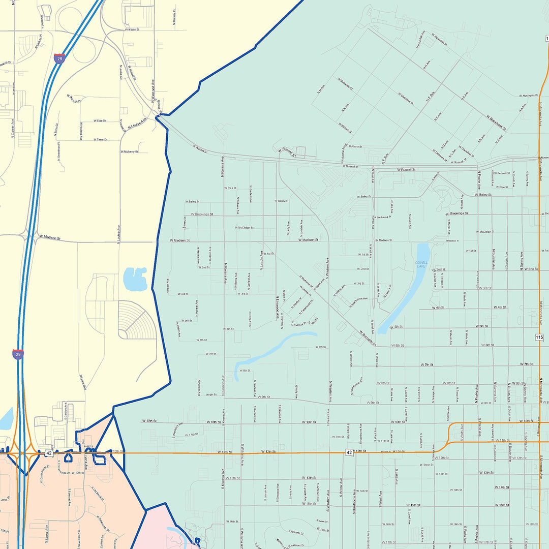 Color Cast Zip Code Style Wall Map of Sioux Falls, SD