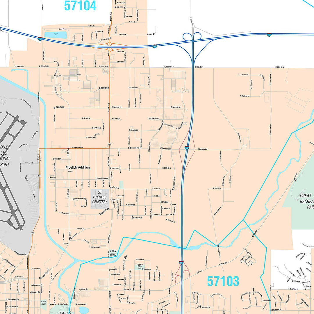 Premium Style Wall Map of Sioux Falls SD