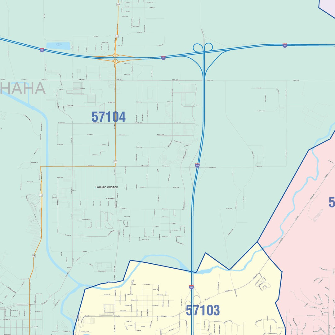 Color Cast Zip Code Style Wall Map of Sioux Falls, SD