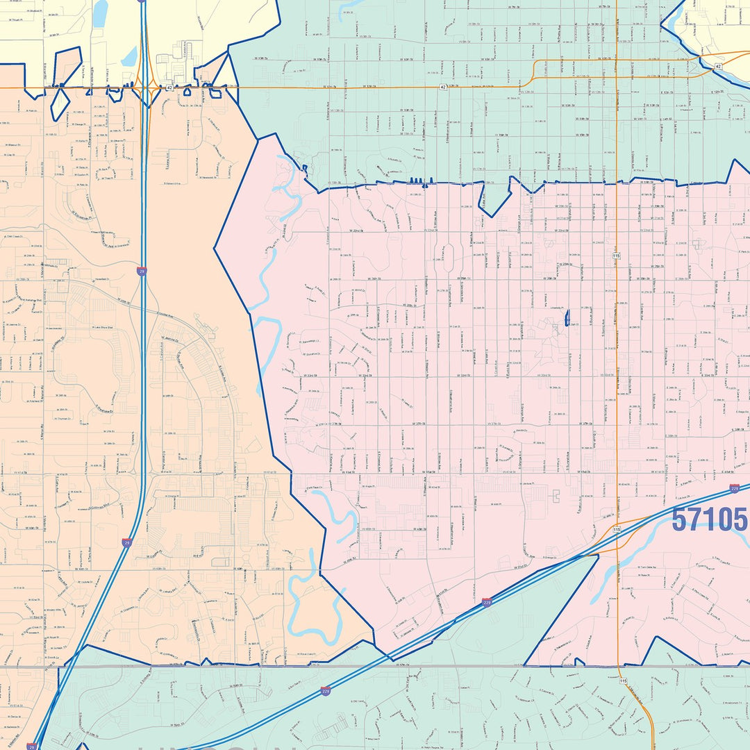 Color Cast Zip Code Style Wall Map of Sioux Falls, SD