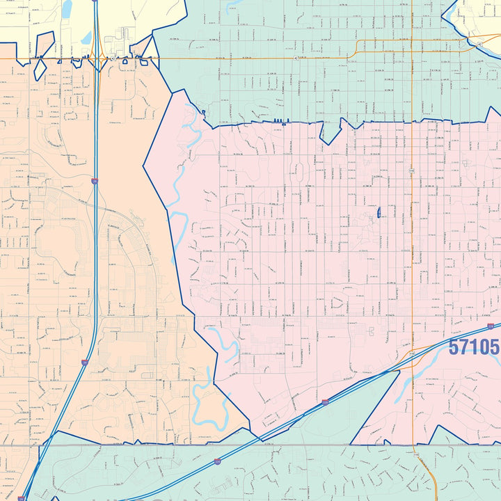 Color Cast Zip Code Style Wall Map of Sioux Falls, SD