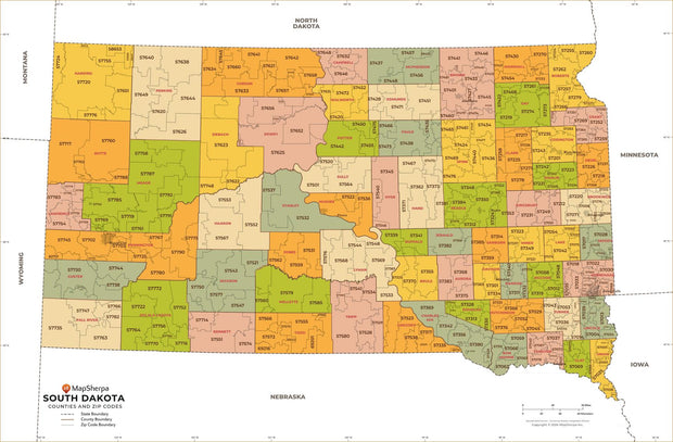 South Dakota Zip Code Map with Counties