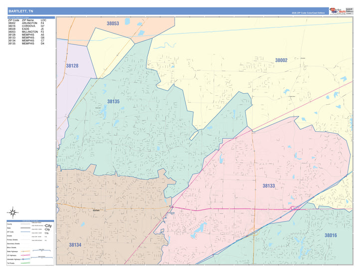 Color Cast Zip Code Style Wall Map of Bartlett, TN
