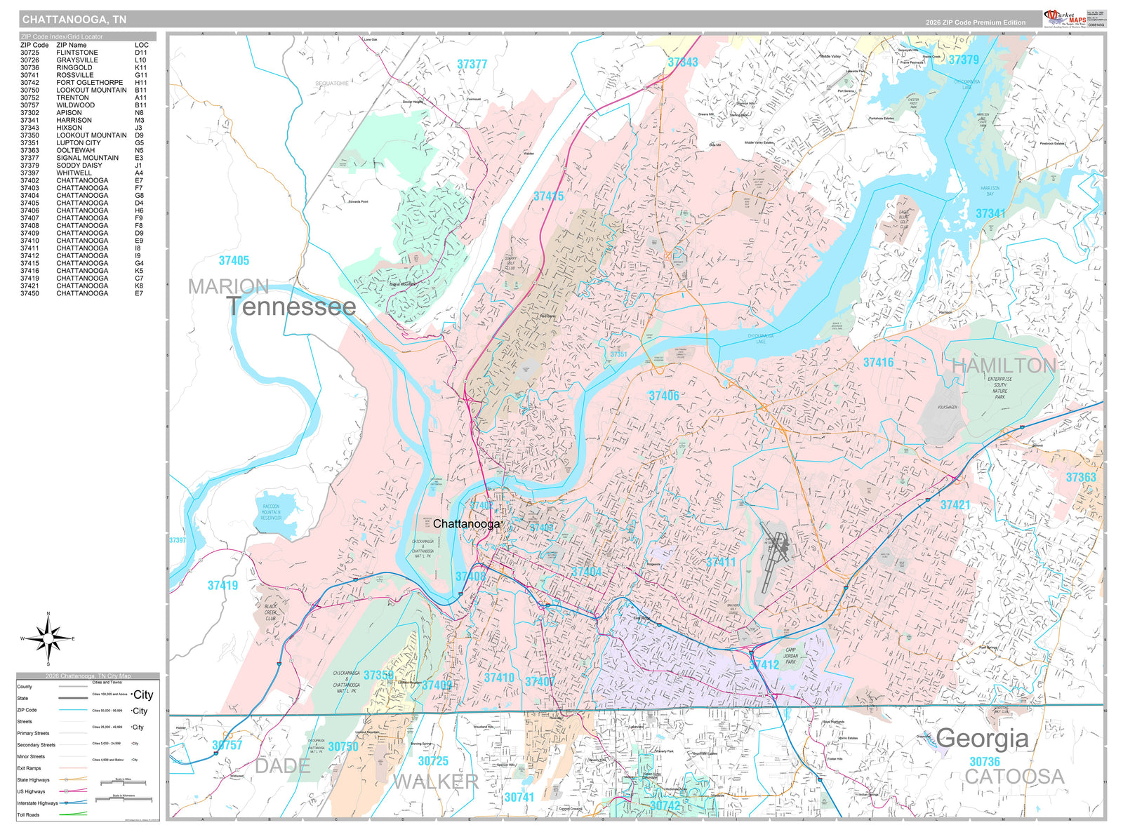 Premium Style Wall Map of Chattanooga TN