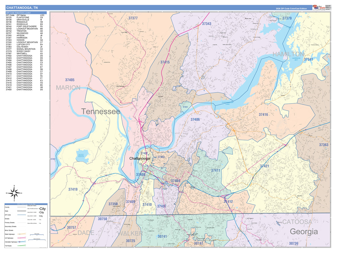 Color Cast Zip Code Style Wall Map of Chattanooga, TN