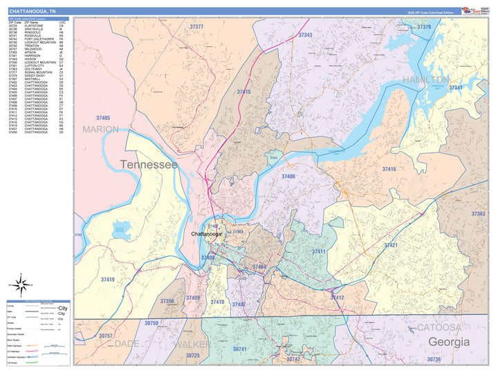 Color Cast Zip Code Style Wall Map of Chattanooga, TN
