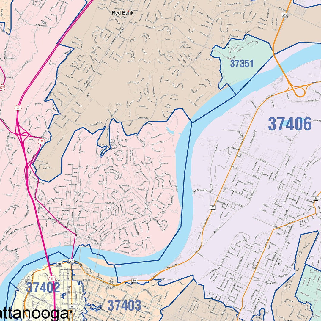 Color Cast Zip Code Style Wall Map of Chattanooga, TN
