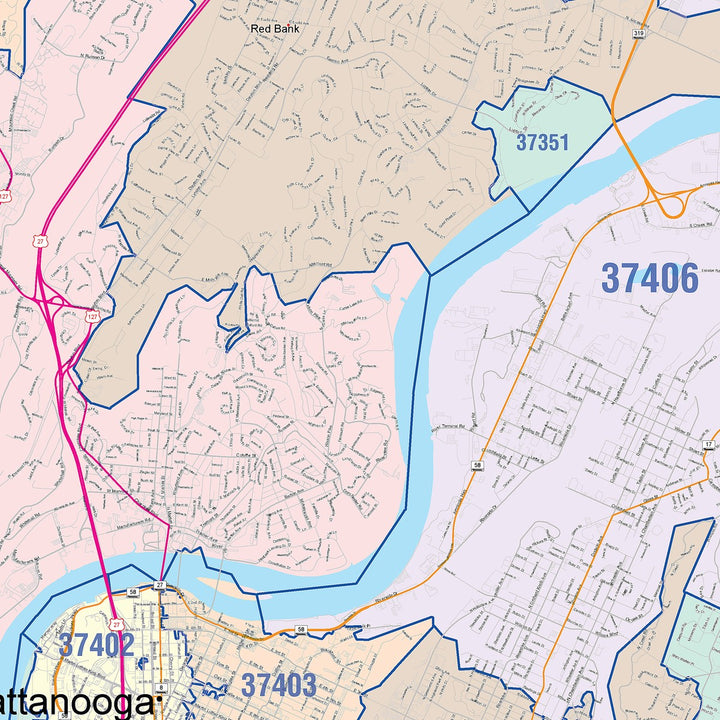 Color Cast Zip Code Style Wall Map of Chattanooga, TN