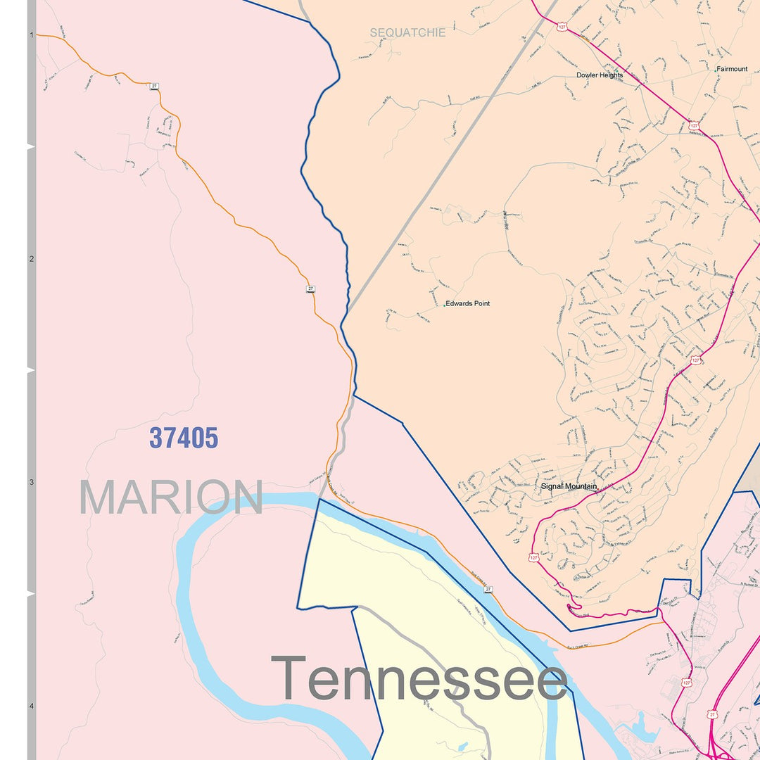 Color Cast Zip Code Style Wall Map of Chattanooga, TN