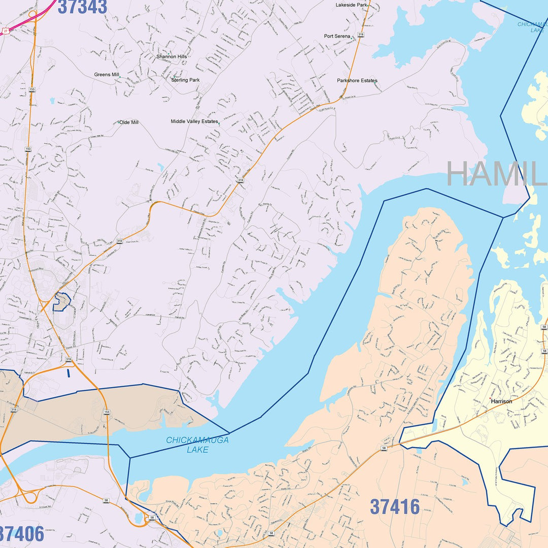 Color Cast Zip Code Style Wall Map of Chattanooga, TN