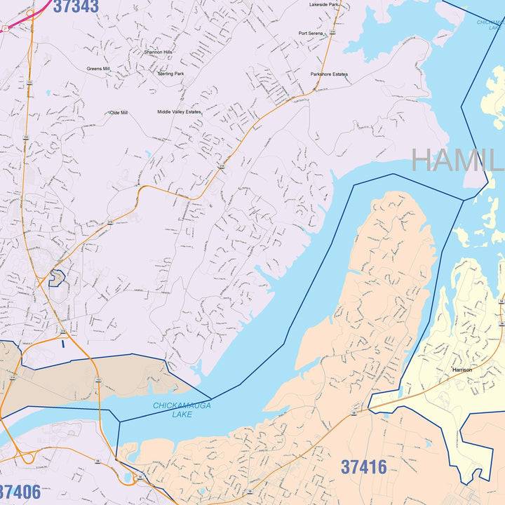 Color Cast Zip Code Style Wall Map of Chattanooga, TN