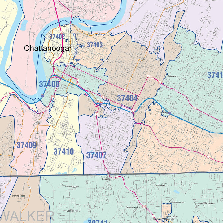 Color Cast Zip Code Style Wall Map of Chattanooga, TN