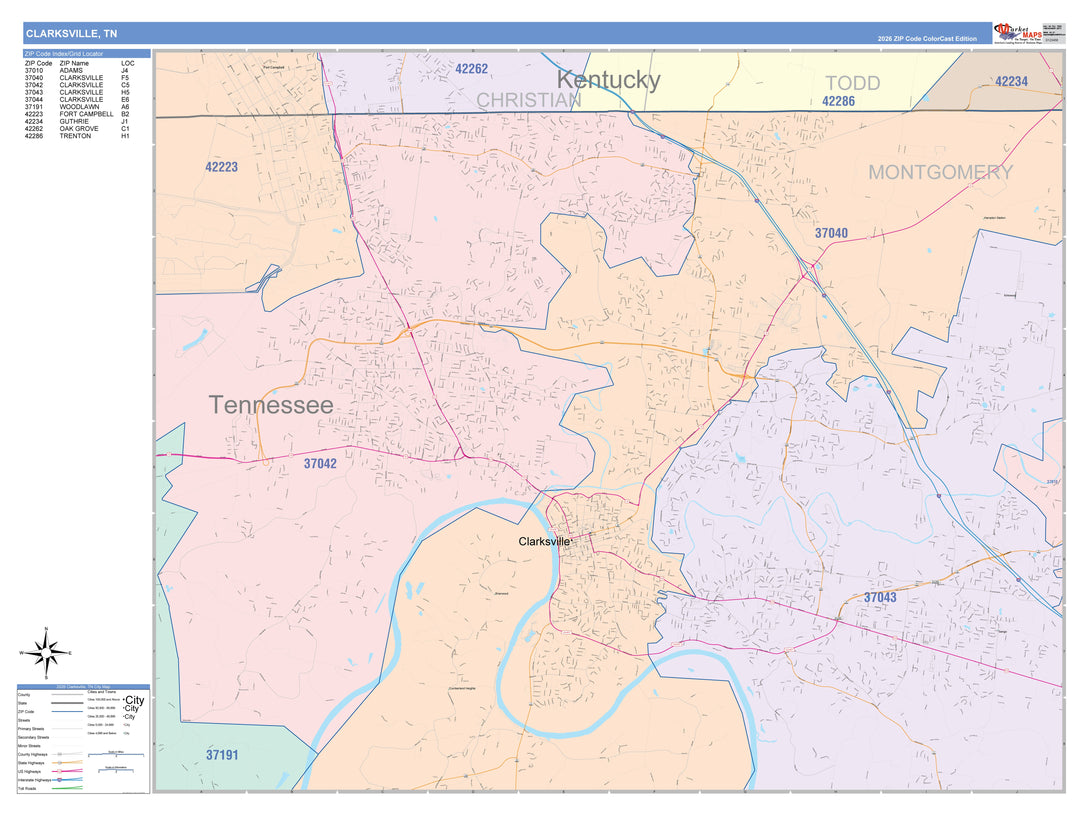 Color Cast Zip Code Style Wall Map of Clarksville, TN