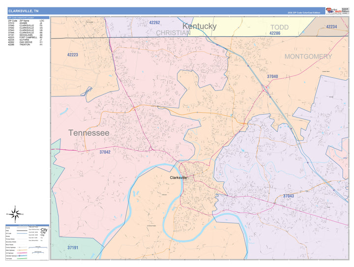 Color Cast Zip Code Style Wall Map of Clarksville, TN