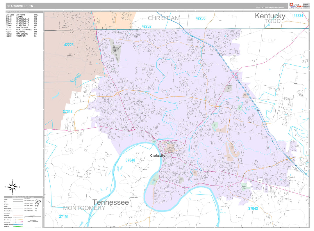 Premium Style Wall Map of Clarksville, TN