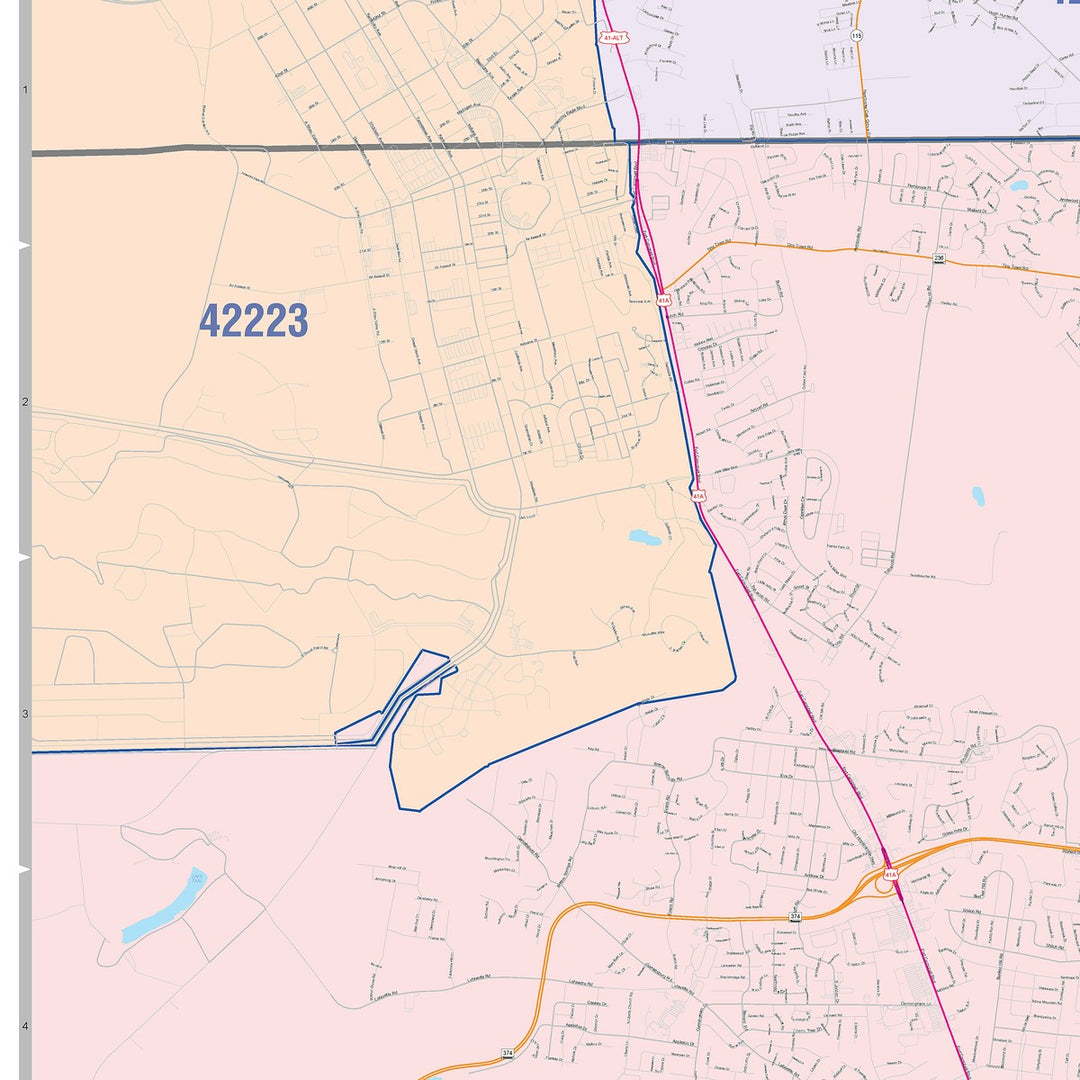 Color Cast Zip Code Style Wall Map of Clarksville, TN